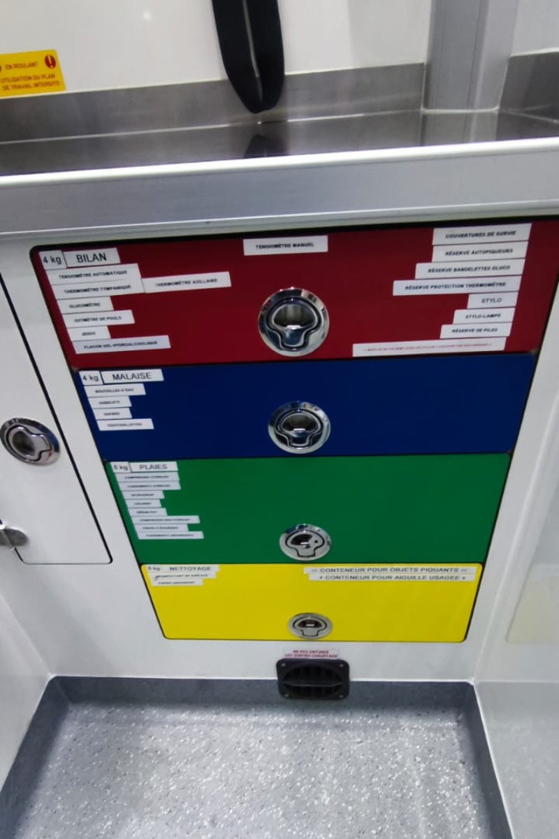 Organisation du matériel par tiroirs codés par couleur pour une identification immédiate en intervention